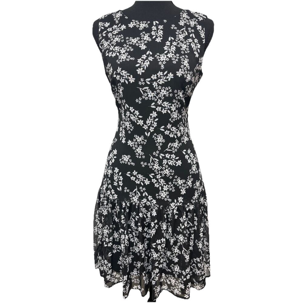 Calvin Klein Dress Womens 4 Black White Floral Sleeveless Drop Waist Ruffle Hem